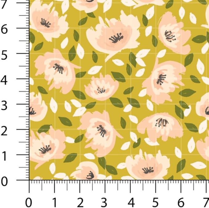 Floral Patchwork Fabric Panel 100x155 cm – 100% Cotton Satin, 6 Coordinated Yellow & Green Flower Prints on One Continuous Sheet (Assorted Florals – Yellow, Olive, Blush, 6pcs 50x50cm)