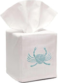 Jacaranda Living Square Tissue Box Cover, Linen/Cotton Fabric Tissue Holder, Decorative Cloth Tissue Cube Cover, Coastal Designs Crab (Aqua)