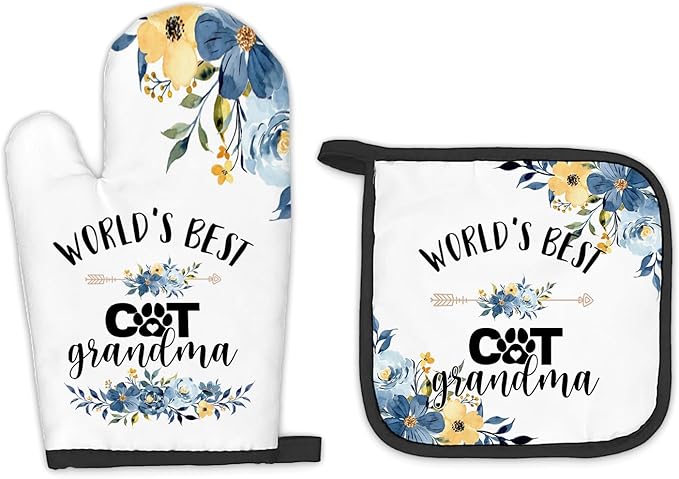 Cat Grandma Gifts Oven Mitts and Pot Holders Sets, Gifts for Cat Grandma, CatLovers Kitchen Decor Accessories Sets, World’s Best CatGrandma Heat Resistant Oven Glove Potholders for Kitchen