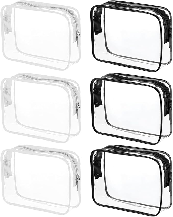 6 Packs Clear Cosmetics Bags for Women Men Waterproof Toiletry Bags PVC Makeup Bags Organizer Case with Zipper for Travel Bathroom (6 Black&White)