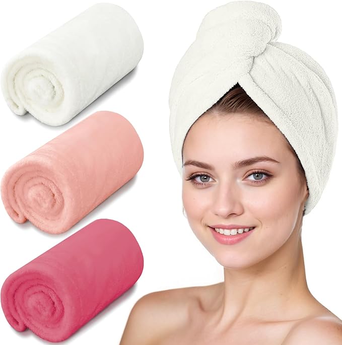 YHPDYL Microfiber Hair Towel Turban 3 Pack | Super Absorbent Quick Drying Hair Wrap for Women with Curly Hair | Anti Frizz Hair Towel Cap for Wet Hair(Red,Pink,White)