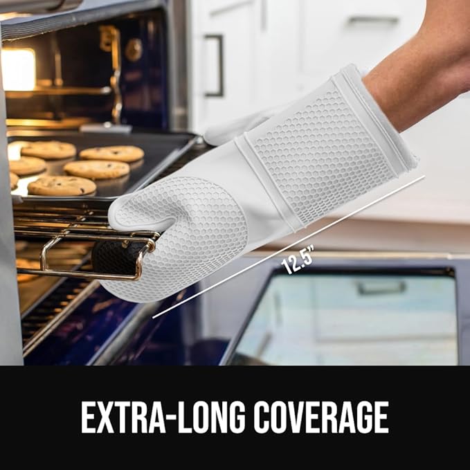 GORILLA GRIP BPA-Free Soft Silicone Oven Mitts, Heat Resistant and Waterproof Cooking Gloves, Thick Cotton Lining, Flexible Gripping for Baking Grilling, Kitchen Potholders Set of 2, 12.5x8.3, White
