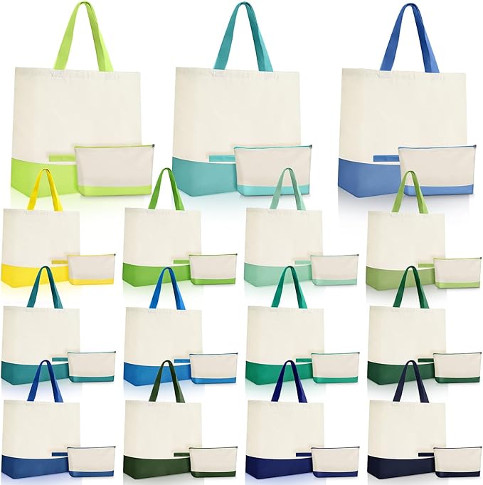 Sanwuta Canvas Tote Bags Bulk with Zipper Cosmetic Pouch 18.5" Reusable Cotton Shopping Bag with Handle for DIY Craft