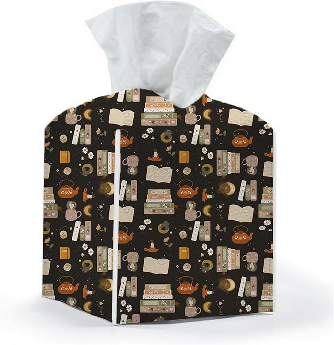 Tissue Box Cover, Tissue Box Holder, Square with Belt Bottom, PU Leather Decorative Organizer for Desk, Tabletop, Countertop Bathroom, Toilet Car, Office, Dresser Bedside, Aesthetic Books Flower Decor