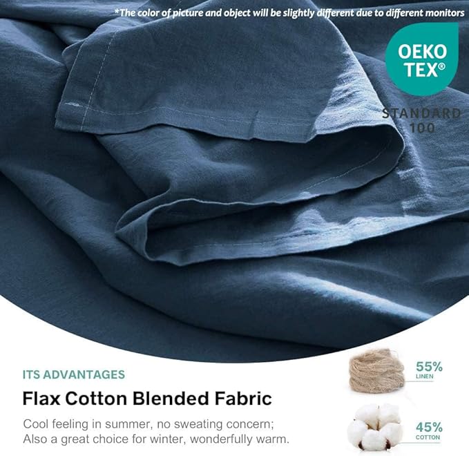 Simple&Opulence Belgian Linen Sheet Set Solid Color - 4 Pieces (1 Flat Sheet, 1 Fitted Sheet & 2 Pillowcases) Natural Flax Cotton Blend Soft Breathable Farmhouse Bedding - King Size, Classic Blue