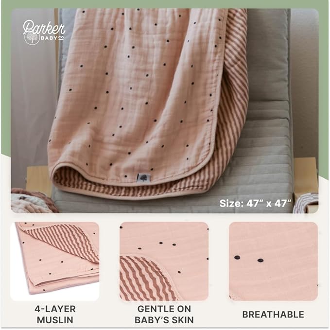 Parker Baby Muslin Blanket | 100% Soft Cotton Toddler Quilt & Baby Muslin Swaddle | Gender Neutral Design 47" x 47" Blanket