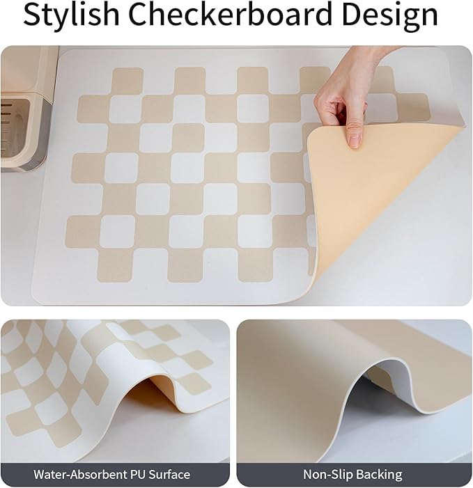 24''x16'' Water Absorbent Dish Drying Mats for Kitchen Counter Checkered Coffee Bar Station Accessories, Easy Clean and Quick Drying,Beige Checkered