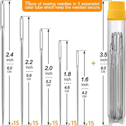 75 Pack Premium Large Eye Needles for Hand Sewing with 4 Needle Threaders, Assorted Sizes, Embroidery Needles for Hand Sewing, Sewing Needles Large Eye, Big Eye Needle
