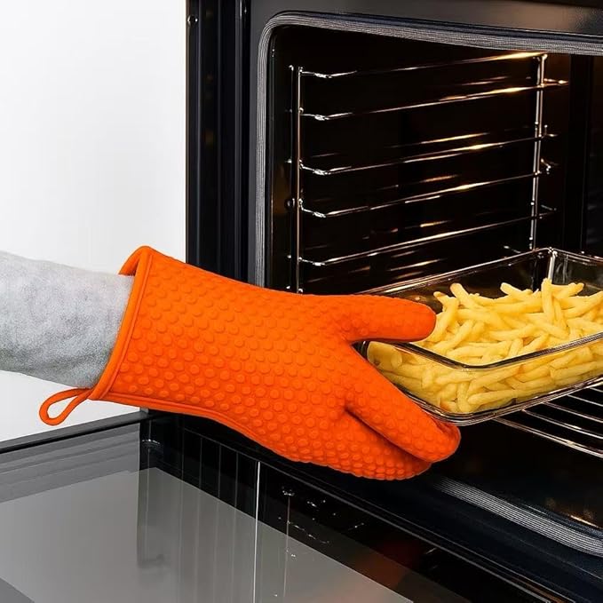Orange Heat Resistant Oven Gloves, Silicone Kitchen Mitts, Non-Slip Pot Holder Gloves, 1 Size Fits All, Water Proof Men & Women Kitchen Glove for Cooking,Baking,BBQ, Single Glove