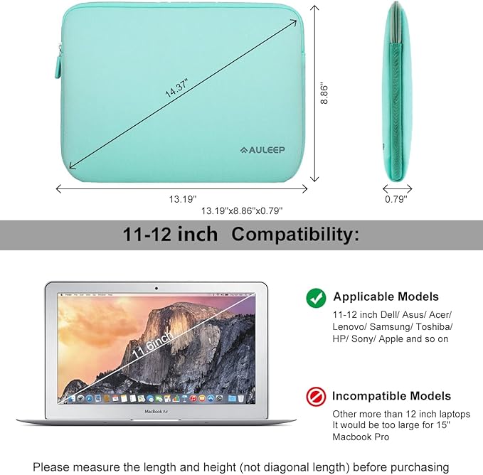 AULEEP 11-12 Inch Laptop Sleeves, Neoprene Notebook Computer Pocket Tablet Carrying Sleeve/Water-Resistant Compatible Laptop Sleeve for Acer/Asus/Dell/Lenovo/HP (Light Green)