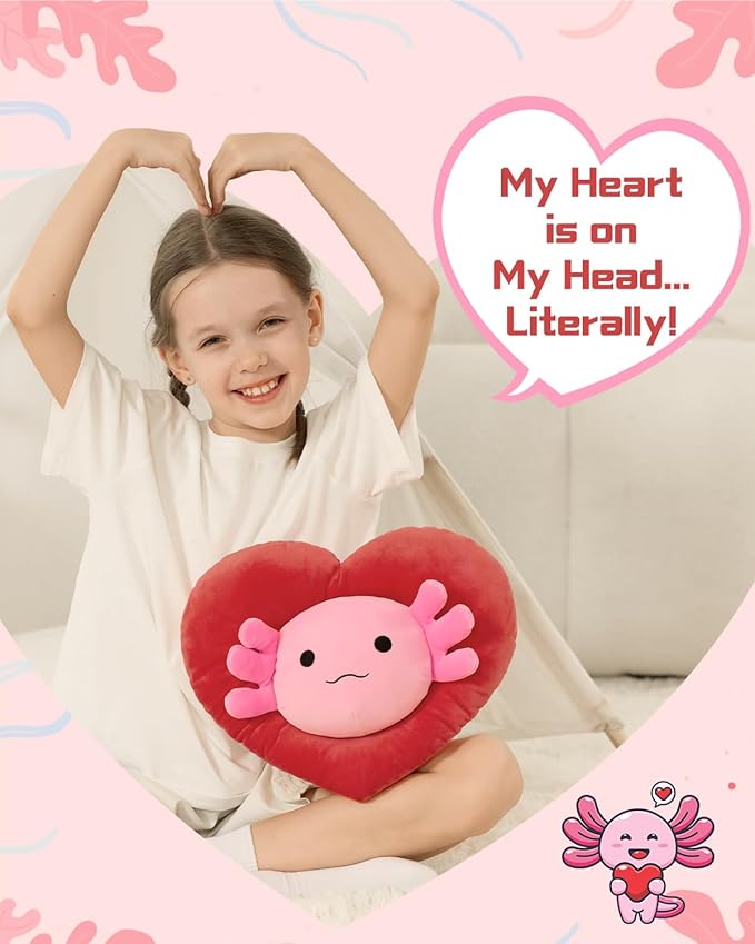 MaoGoLan Valentines Axolotl Plush with Heart-Shaped Hood,Squishy and Soft Salamander Stuffed Animal Throw Pillow,16" Loving Heart Plushie Gift for Valentines Day,Christmas,Anniversary,Mother's Day