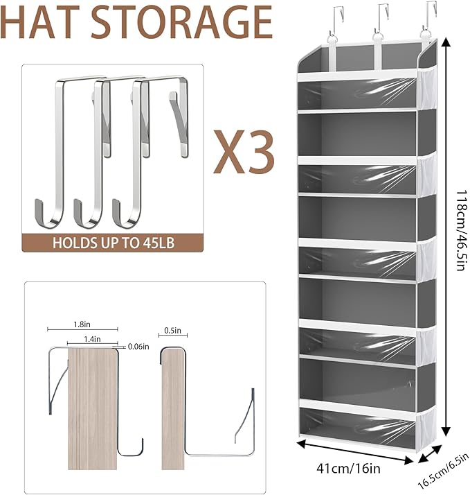 KYEVIS Over the Door Hat Organizer & Rack - Holds 60 Baseball Caps, Hat Storage for Closet Door Wall with 10 Clear Mesh Pockets, Grey