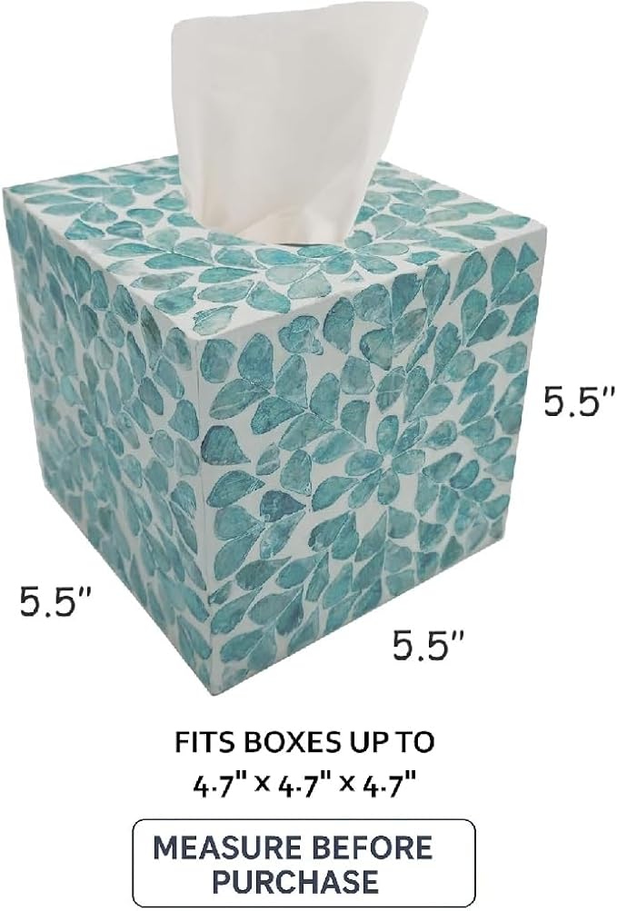 PEMAR Handcrafted Wooden Tissue Box Cover for Small Cube Tissue Boxes Only (Max Inner Size 4.7”) – Capiz Shell Inlay Decorative Tissue Holder for Bathroom, Living Room & Office (Teal Vines)