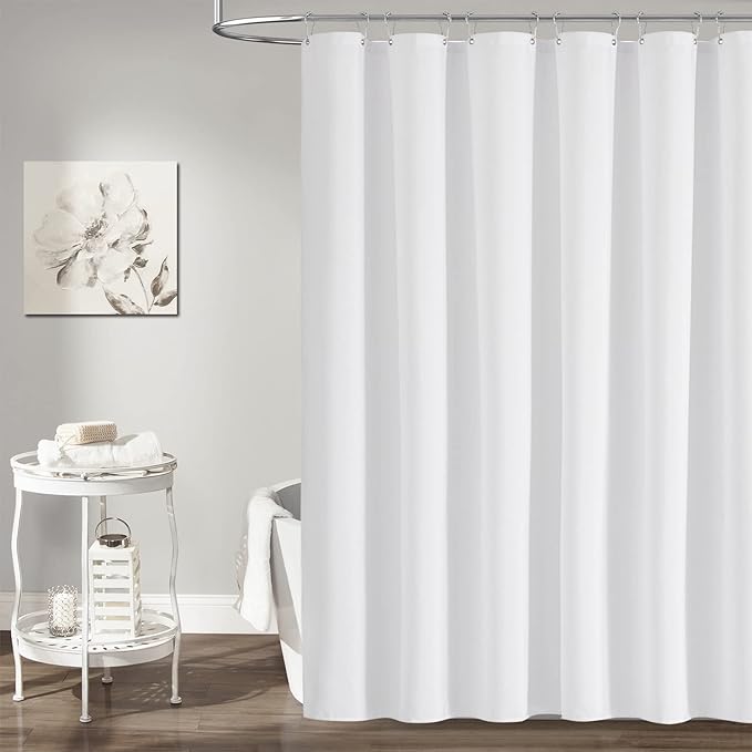 BTTN Fabric Shower Curtain, Linen Textured Heavy Duty Polyester Cloth Shower Curtain Set with Plastic Hooks, White, 54" W x 78" L (Pack of 1)