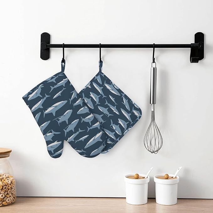 Sharks Oven Mitts and Pot Holders Set of 4 Silicone Blue Sharks Kitchen Mitten Gloves and Non-Slip Potholders Set Heat Resistant Oven Gloves Hot Holders for Kitchen