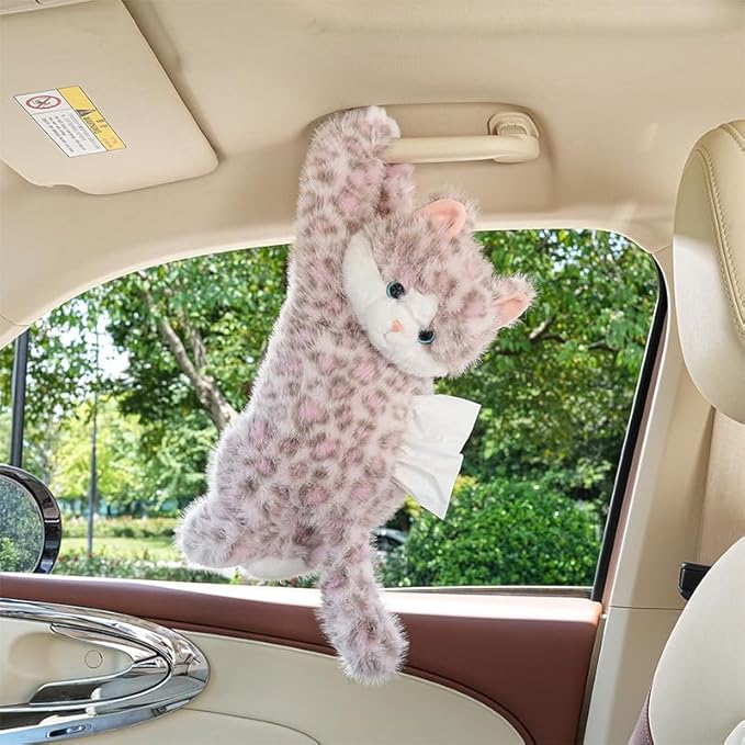 WASTROYAL Cute Cat Car Tissue Box Cover with Plush Doll, Hanging Vehicle Interior Organizer, Adorable Auto Decoration & Practical Accessory (Pink)