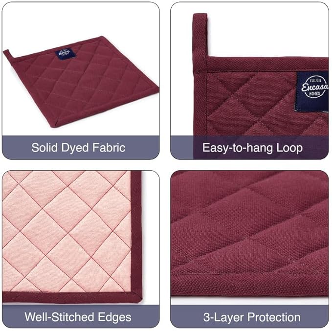 Encasa XO Heat Resistant Cotton Pot Holders with Hanging Loop - Set of 2 - Maroon - Multipurpose Quilted Everyday Hot Pad for Kitchen, Camping, BBQ & Microwave - 8x8 in