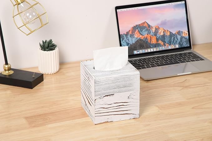 CATORY Tissue Box Cover, Wood Tissue Box Cover Square, Farmhouse Tissue Box Holder Covers Your Tissues, Decorative Tissue Cube Box Cover with Slide-Out Bottom (White)