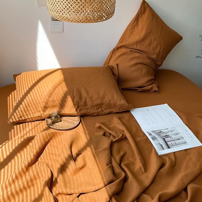 Simple&Opulence Washed Linen Bed Sheet Set Basic Style 4 Pieces (1 Flat Sheet & 1 Fitted Sheet & 2 Pillowcases) 100% Natural French Flax Soft Breathable Farmhouse Bedding (King, Rust)