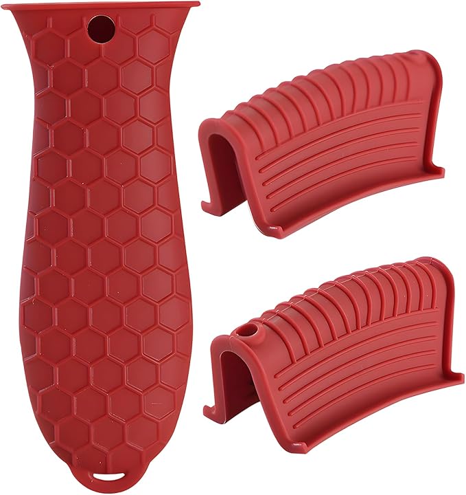 Cast Iron Skillet Handle Covers - 3 Pack Heat Resistant Silicone Pan Handle Sleeve, Non-Slip Pot Handle Covers Potholder for Cast Iron Skillet Pan (Red)