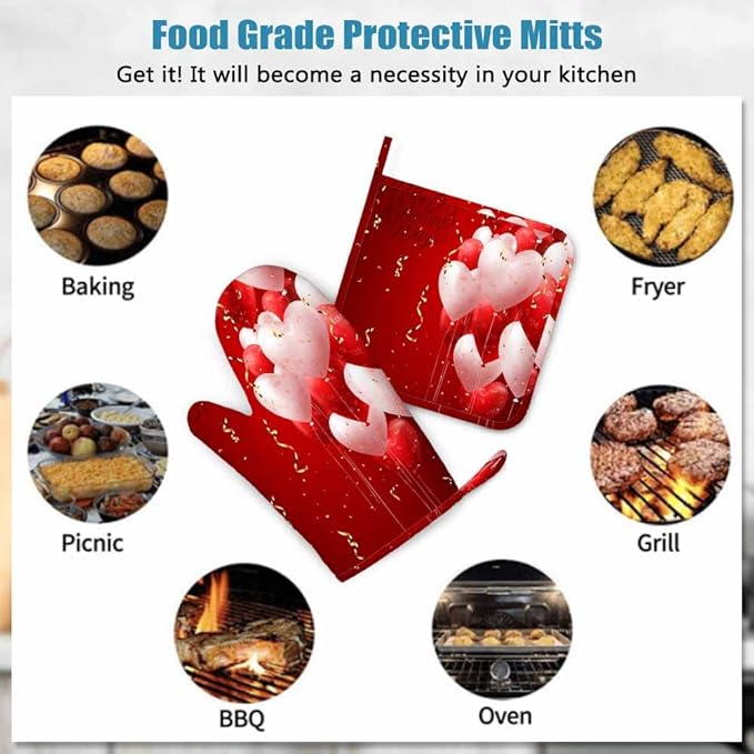 Mxocom Red Hearts Balloons Oven Mitts and Pot Holders Sets Valentine's Day Love Backdrop Silicone Heat Resistant Kitchen Oven Gloves Pot Holder for Cooking