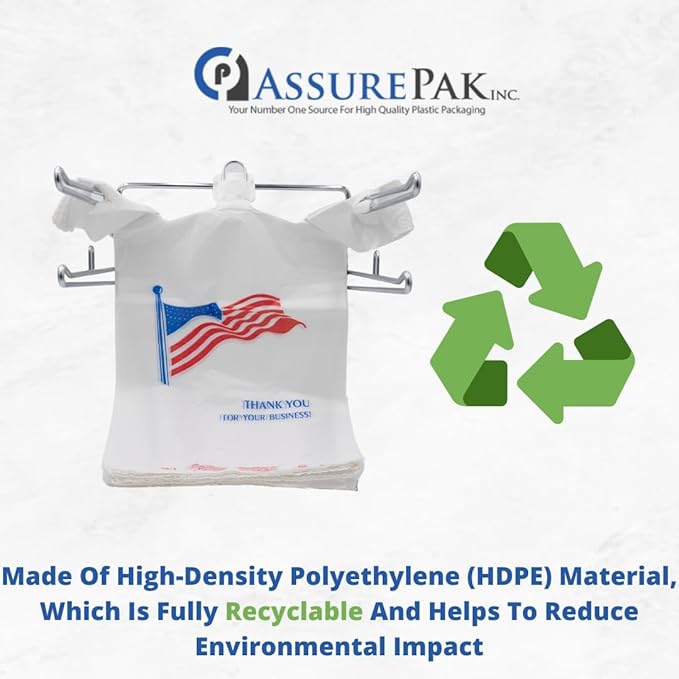 ASSUREPAK Easy Open - White Usa/American Flag Print HDPE T-Shirt Bags - 1/6 BBL 11.5"X6"X21" - 1000 Bags - 13 microns - White - USA13M100016-EO