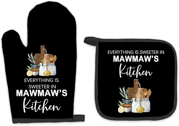 Mawmaw Gifts Oven Mitts and Pot Holders Sets, Gifts for Mawmaws Grandma Kitchen Accessories Sets, Sweeter in Mawmaw’s Kitchen Heat Resistant Oven Glove Potholders for Cooking Baking