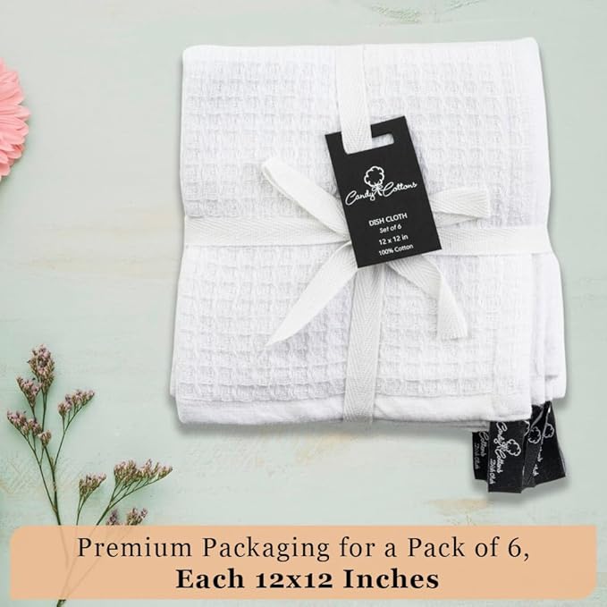 Candy Cottons DishCloths Kitchen|Waffle Terry Weave Hand Towels|Cotton 12"x12" Reusable Dish Rags Washing Scrub Cleaning Dishes|Dish Bar Mop Towels Hand Wipes| washcloth |6 Pc Set-White