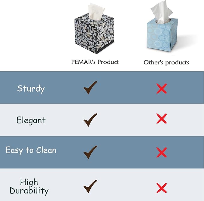 PEMAR Handcrafted Wooden Tissue Box Cover for Small Cube Tissue Boxes Only (Max Inner Size 4.7”) – Mother of Pearl Inlay Decorative Tissue Holder for Bathroom, Living Room & Office (White Vines)