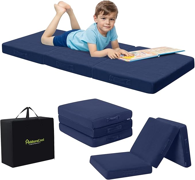 MeMoreCool Foldable Floor Mattress Kids Trifold Mat, Kids Folding Mattress Portable Futon, 75x25 Inch Navy Blue