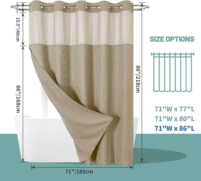 eachope Khaki No Hook Waffle Weave Shower Curtain with snap-in Liner Replacement, 230GSM Waterproof Fabric Hotel Shower Curtain Set for Bathroom, Through Mesh Top Window,71Wx86H