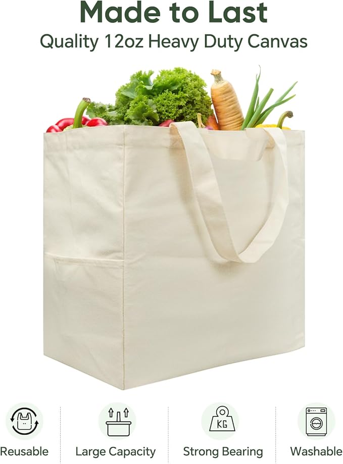 Dwscroad Canvas Tote Bag, Heavy Duty Reusable Grocery Bags with Pockets, Large Shopping Bags (3 Pack)