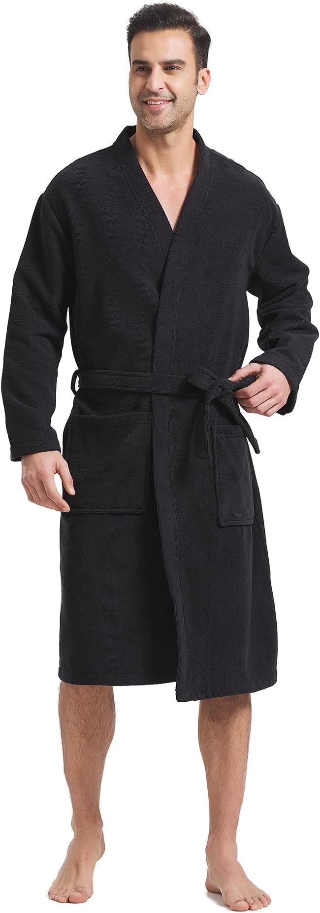 FashGudim Terry Cloth Robes for Men Big and Tall Short Mens Kimono Robe Super Absorbent Spa Bathrobe Calf Length With Pockets
