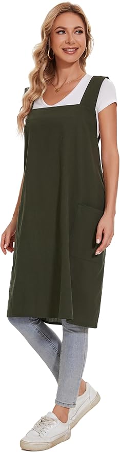 Linen Cotton Aprons for Women Smock Cross-Back Apron with Pockets
