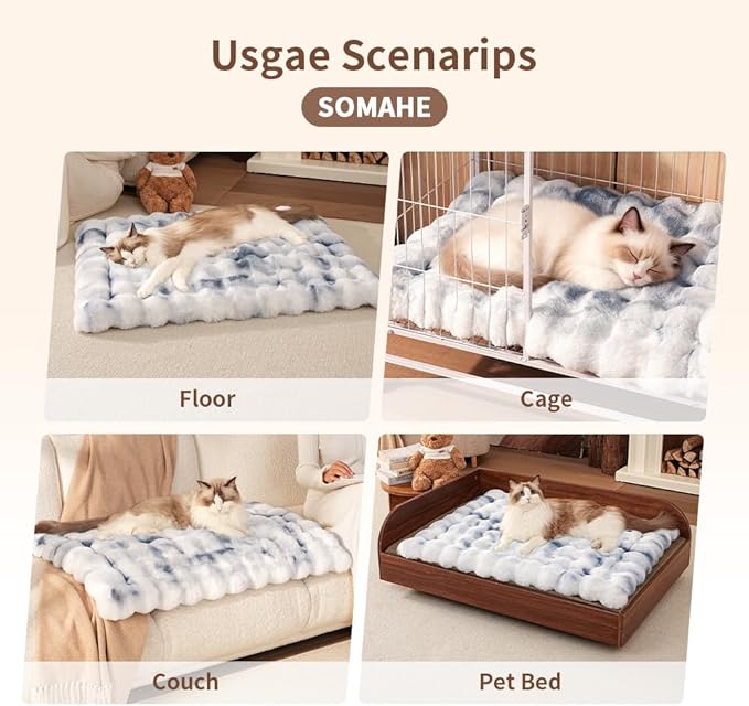 SOMAHE Cat Bed Ultra Soft Plush Machine Washable Pet Mat with Non-Slip Rubber Bottom for Indoor Cats & Dogs Faux Fur Cushion Pad for Floor Couch Carrier for Kittens & Puppies 23 x 15 Inch Medium Blue