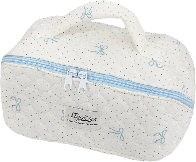 HiTotes Travel Makeup Bag Coquette Floral Cosmetic Bag Quilted Wide Open Lay Flat Toiletry Bag Cute Travel Makeup Pouch