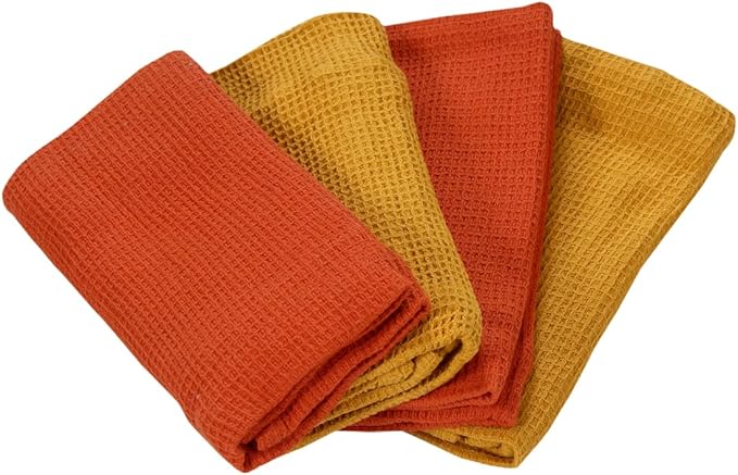 ACCENTHOME 100% Cotton Waffle Weave Kitchen Towel Set of 4 Super Soft Absorbent Tea Towels | Durable Cleaning Dish Cloths & Quick Drying Dishes Rags 18x26 inches in Rust/Mustard Color