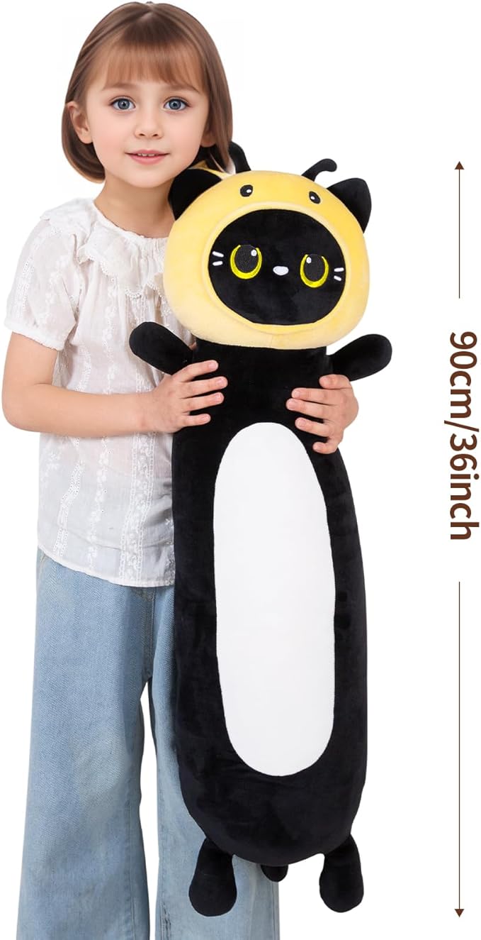 HAIJUNYA 36 inch Bee Black Cat Long Plush Body Pillow Toy, Kitten Plushies with Stuffy Honeybee Oufit Big Stuffed Animals Gfit for Kids Boys Girls, Birthday, Halloween, Christmas