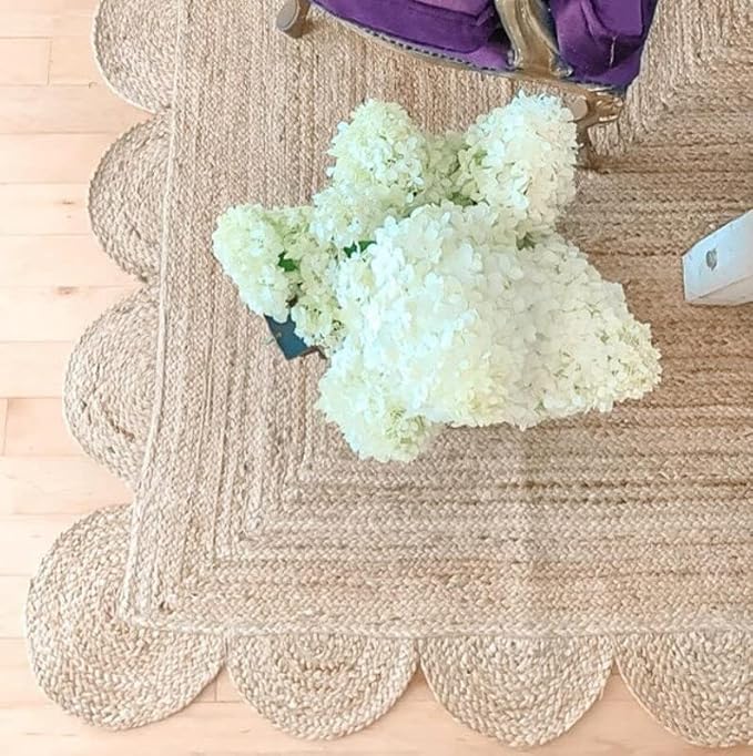 Scalloped Natural Jute Area Rug, Natural Color (6'X4'), 4'X6', SVIRUGH1