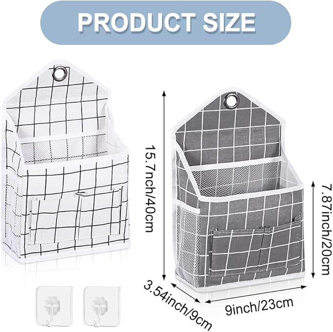 TIE-DailyNec 2PC Wall Hanging Storage Bag Linen Hanging Closet Organizer with Pockets Over The Door Hanging Basket Caddy and 2 Hanging Hook for Bedroom Bathroom Office Kitchen Dorm Room (Grey+Beige)