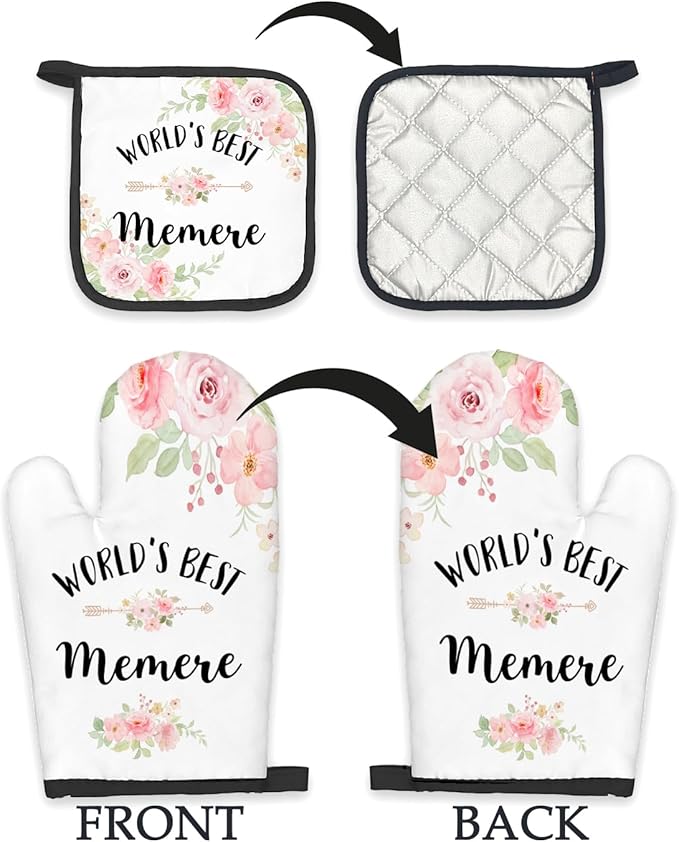 Memere Gifts Oven Mitts and Pot Holders Sets, Gifts for Memere from Grandkids Kitchen Decor Accessories Sets, World’s Best Memere Heat Resistant Oven Glove Potholders for Kitchen Cooking