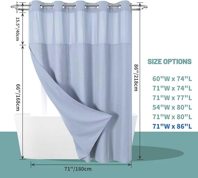 eachope FrostBlue Extra Long No Hook Waffle Weave Shower Curtain with snap-in Liner Replacement, 230GSM Waterproof Fabric Hotel Shower Curtain Set for Bathroom, Through Mesh Top Window,71Wx86H