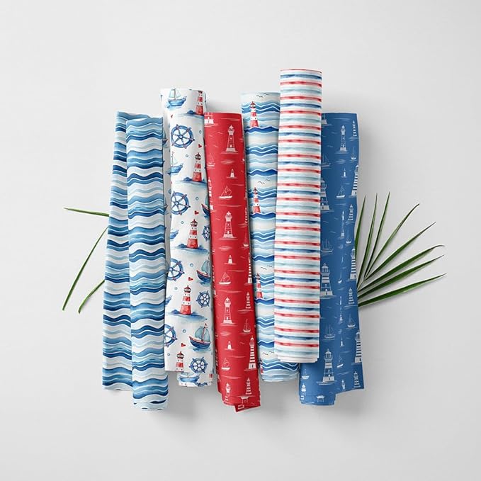 Nautical Patchwork Fabric Panel 100x155 cm – 100% Cotton Satin, 6 Coordinated Marine Prints on One Continuous Sheet for Quilting, Sewing & DIY Crafts (Maritime Style, 6pcs 50x50cm)