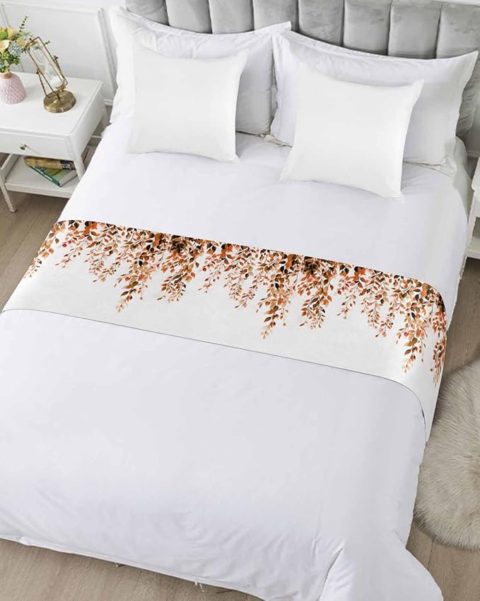 DecorLovee Orange Eucalyptus Bed Runners for Cal King Size Bed, Decorative Bed Throws for Foot of Bed, Fall Weeping Botanical Leaf Watercolor Bed Runner Sofa Throw Bedding Scarf Slipcover for Bedroom
