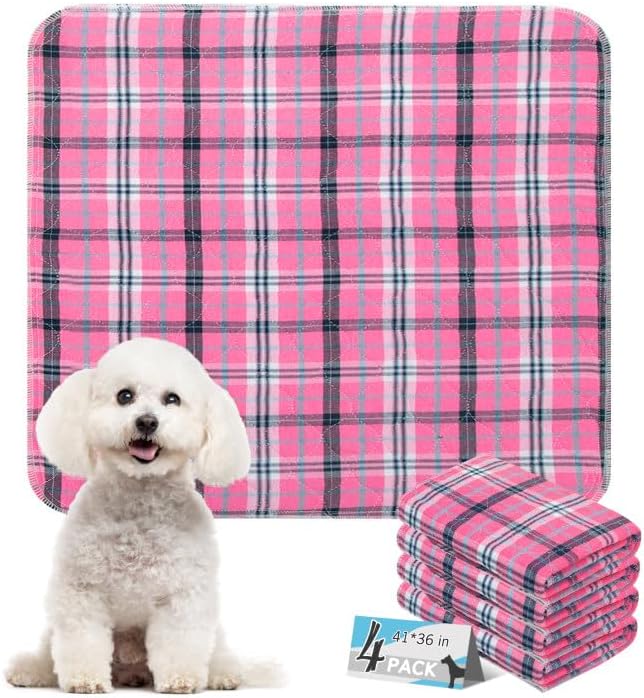 ESGPET Washable Pee Pads for Dogs - 41”x36” 4PCS, Whelping Pad for Puppy Training, Playpen Crate Bed Floor Protector, Reusable Dog Potty Pads Non-Slip, Super Absorbent & Odor Controlling, Pink Plaid