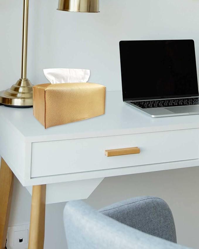 Gold Tissue Box Cover Rectangular – Plus Size Leather Tissue Box Holer with Bottom Belt Modern PU Leather Long Rectangle Tissue Holder for Bathroom/Home/Office Decor