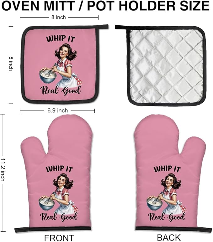 Whip it Real Good Funny Oven Mitts and Pot Holders Set, Humor Chef Tools, Vintage Baking Great Kitchen Mitts, Gifts for Dessert Lovers, Birthday Cooking Gifts for Female Chef Baker Friends