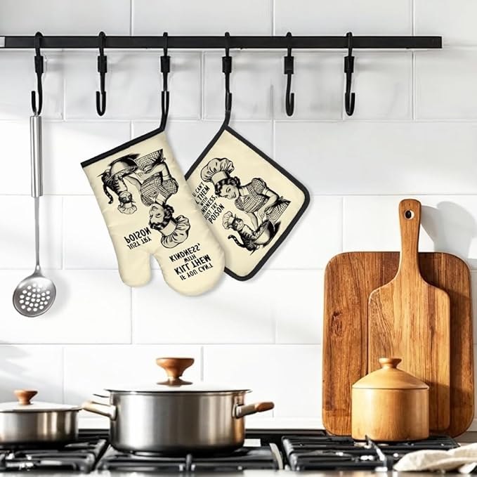 DYJYBMY If You Can't Kill Them with Kindness Just Try Poison Humorous Vintage Lady Oven Mitts and Pot Holder Set, Funny Kitchen Gadgets for Women Cat Lover, Housewarming Gifts for Hostess Bake Lover