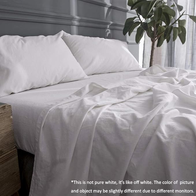 Simple&Opulence Belgian Linen Sheet Set Solid Color - 4 Pieces (1 Flat Sheet, 1 Fitted Sheet & 2 Pillowcases) Natural Flax Cotton Blend Soft Breathable Farmhouse Bedding - King Size, White