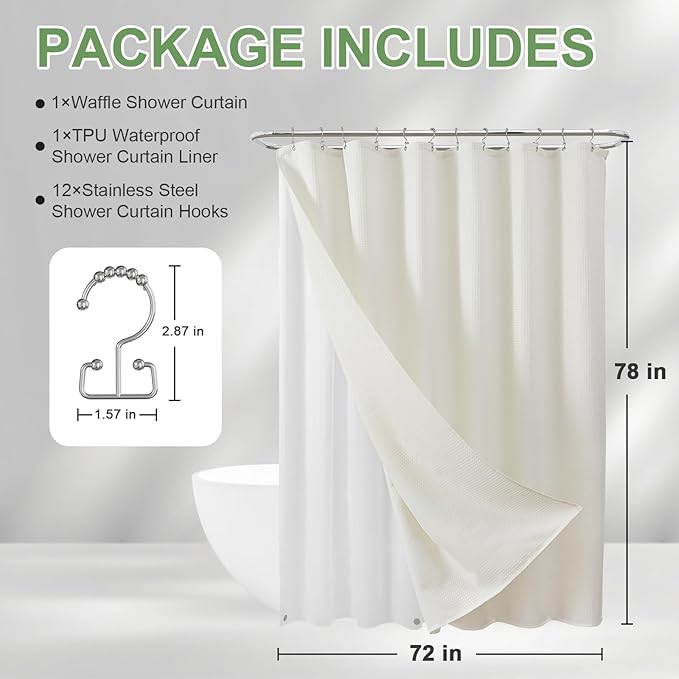 ROLIZOE 3-in-1 Waffle Texture Shower Curtain Set with TPU-Coated Waterproof Liner and 12 Upgraded Double-Sided Hooks, Well-Matched Sizes for a Seamless Fit – Beige, 72" x 78"